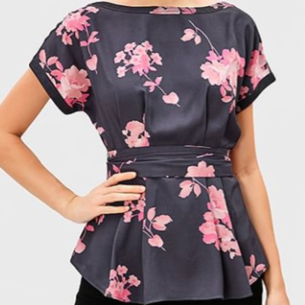 eShakti Floral Crepe Sash Waist Blouse, size 14